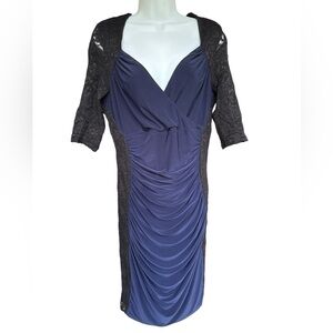 Kiyonna Navy and Black Lace Colorblock Ruched Long Sleeve Bodycon Dress Gown